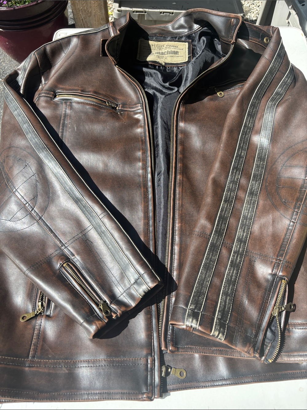 Machine Brown Leather Bomber Jacket with Racing Stripes - Picture 3 of 7